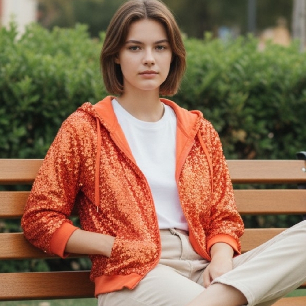 Quacker Factory Orange Sequined Hoodie - Size XL